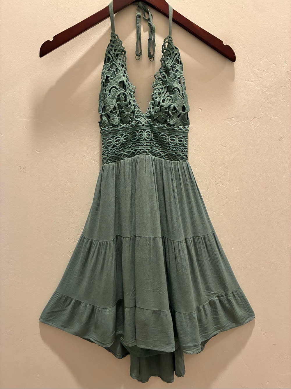 Windsor Sage Green Crochet Halter High-Low Dress Size M